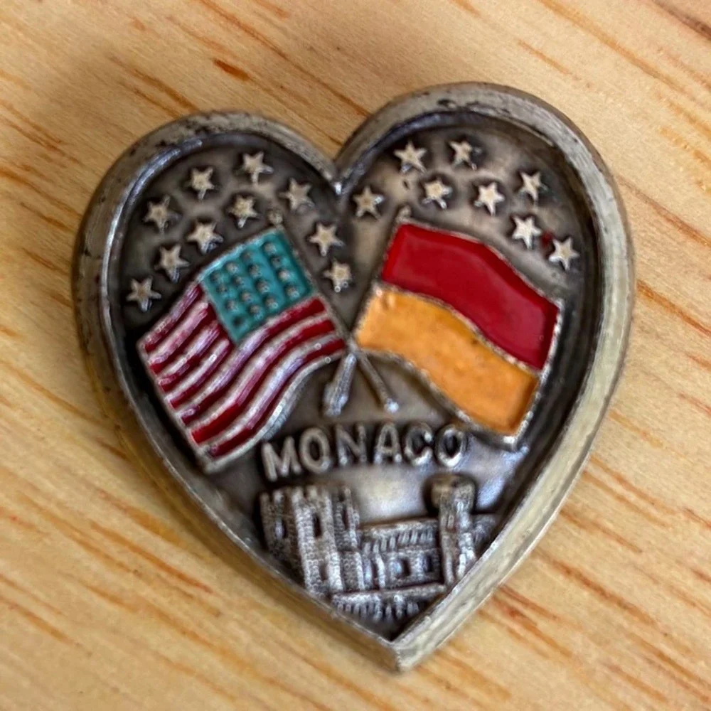 Vintage A. Augis Lyon Monaco USA Flag Heart Pin Enamel Lapel Badge Collectible